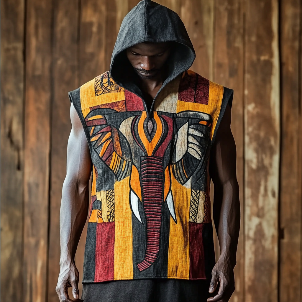 Men's African Abstract Elephant Art Cotton And Linen Hooded Vest
