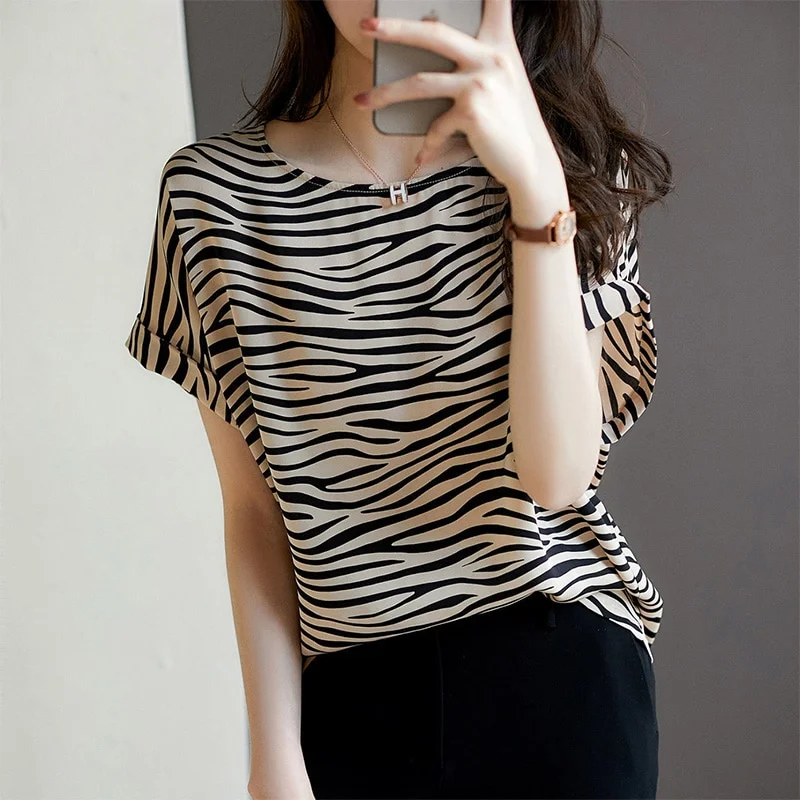 Ueong Women's O Neck Zebra Stripes Print Loose Casual T-shirts Short Sleeve Vintage Top Female Fashion All-match Clothing Tees