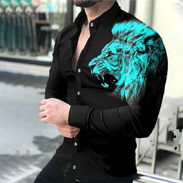 Men's Shirt Lion Animal Turndown Street Casual Button-Down Print Long Sleeve Tops Casual Fashion Breathable Blue