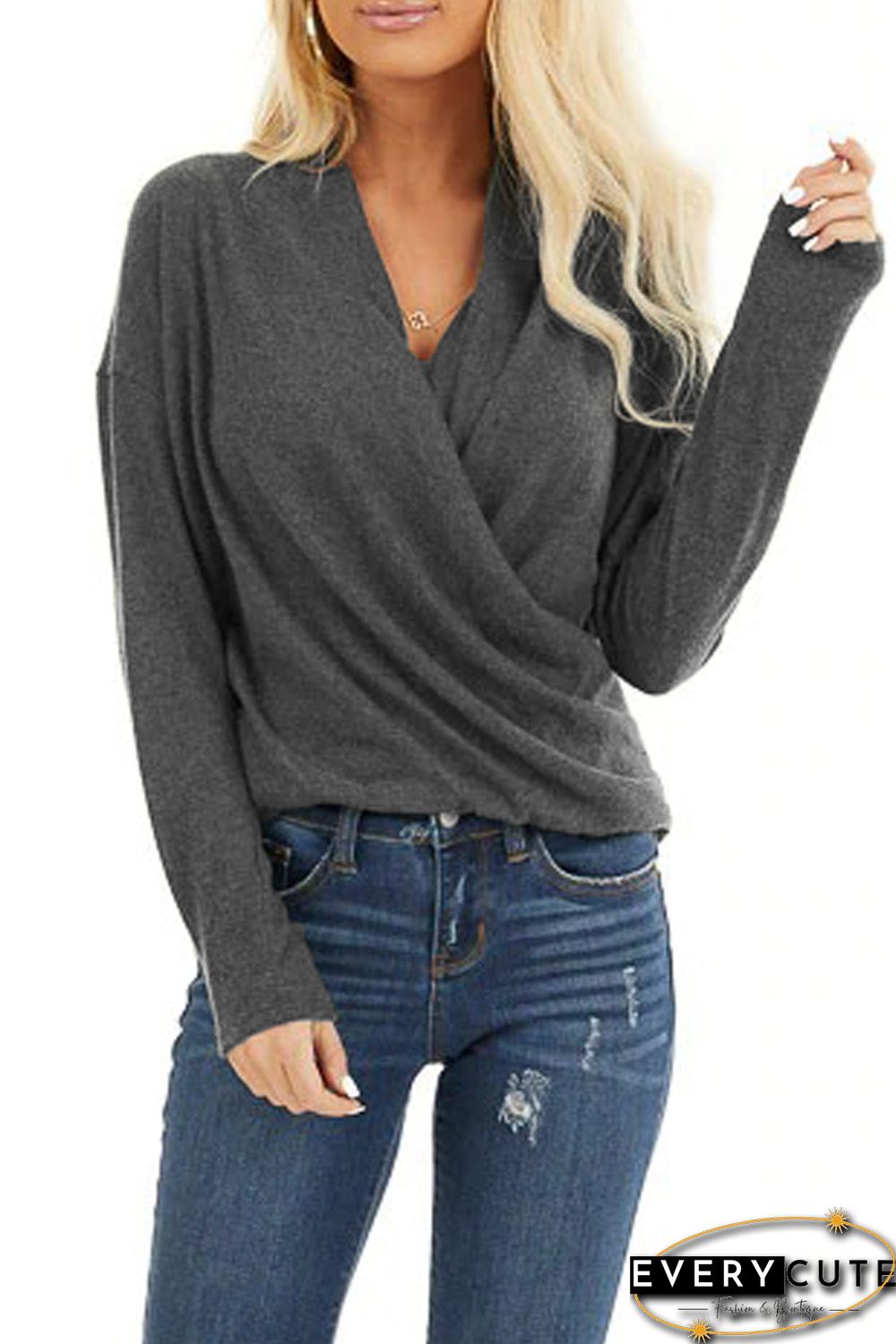 V-Neck Wrap Front Irregular Twist Hem Long Sleeve Top