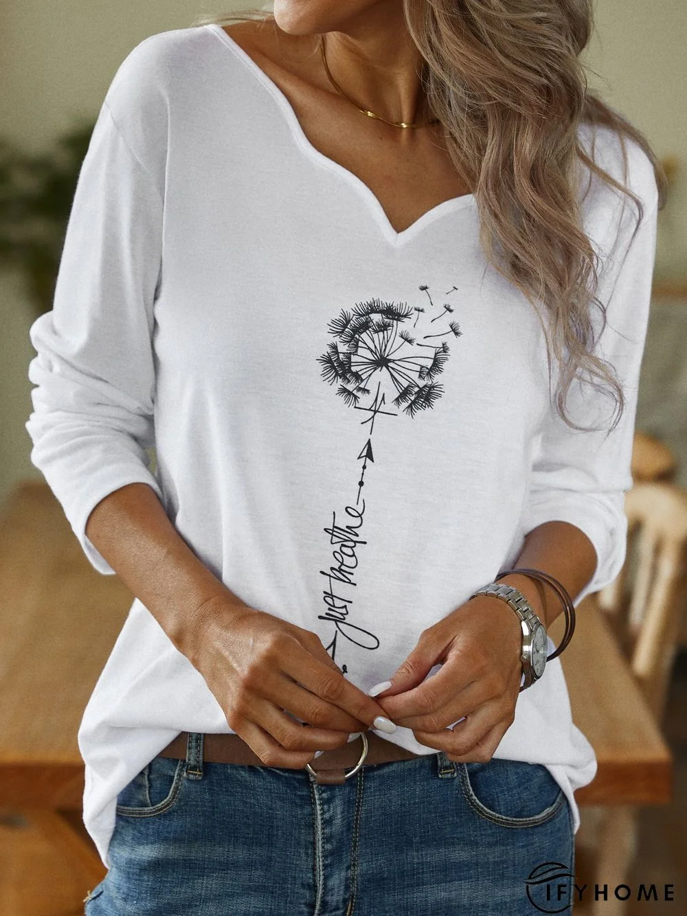Casual Autumn Dandelion V neck Micro-Elasticity Loose Jersey Long sleeve H-Line Top for Women | IFYHOME