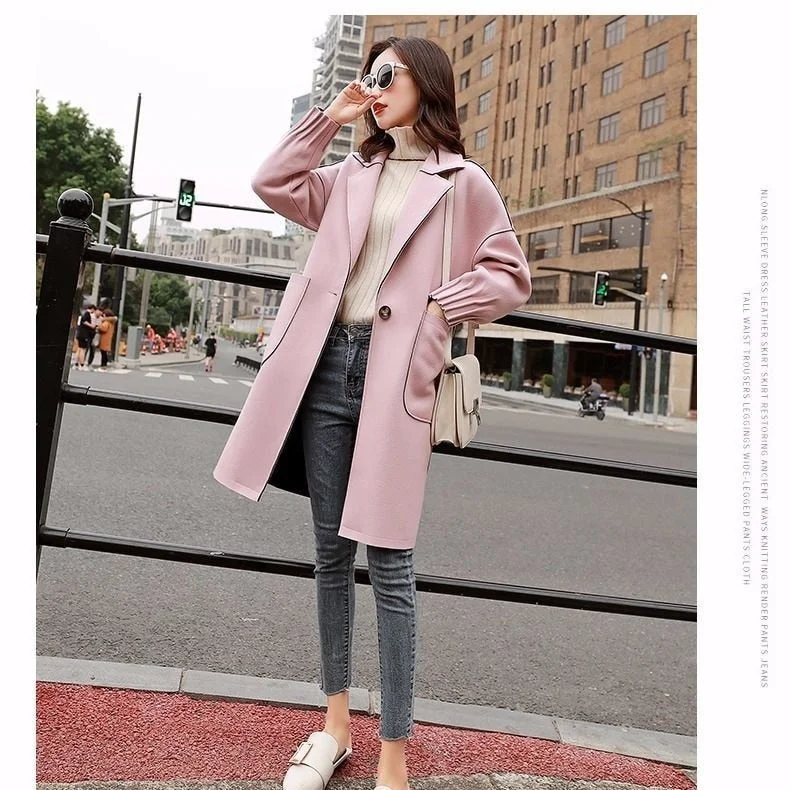 Small tweed coat women's middle long spring Korean loose and thin woolen coat