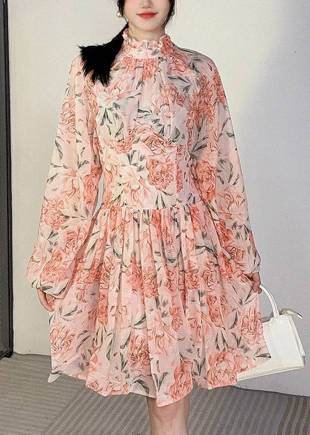 Pink Print Patchwork Chiffon Mid Dress Ruffled Long Sleeve