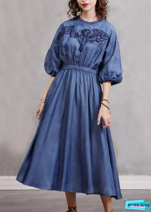 Vintage Blue Embroidered Elastic Waist Long Denim Dress Lantern Sleeve