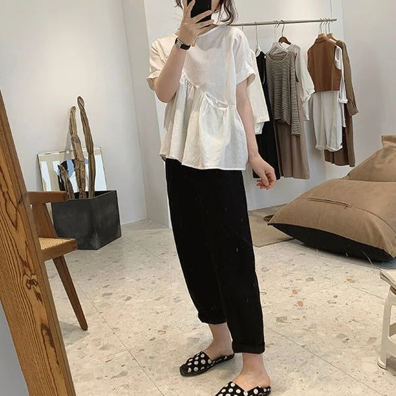Shirts Women O-neck Short Sleeve Pockets Asymmetrical Loose Solid Simple All-match Korean Style Daily Ladies A-line Female Tops