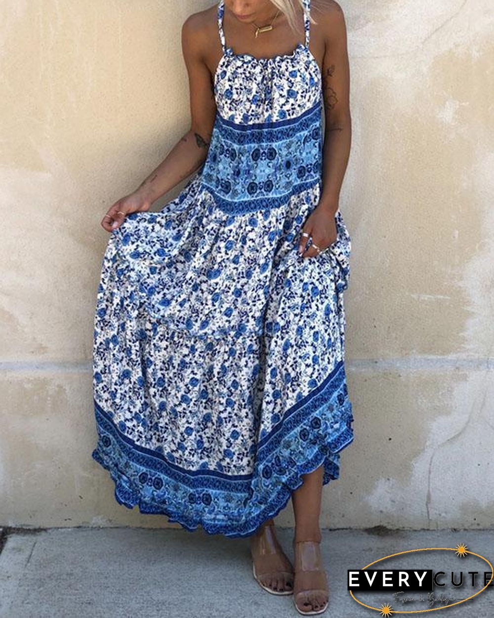 Print Sleeveless  Boho Vacation Maxi Dresses