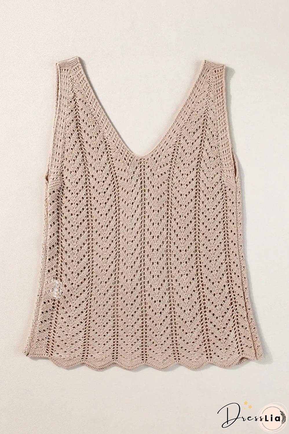 Pale Khaki Scalloped Hem V Neck Crochet Knit Vest
