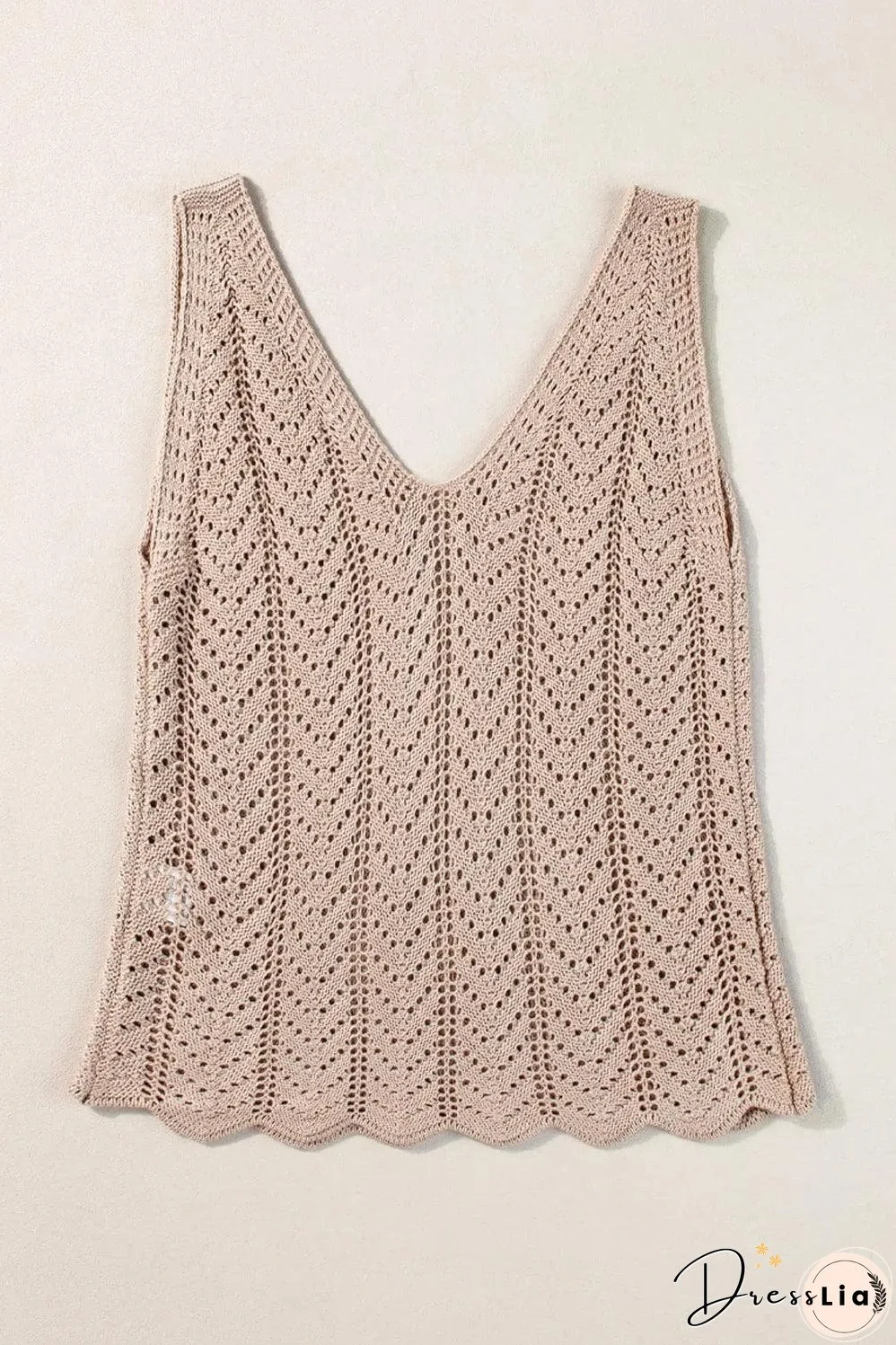 Pale Khaki Scalloped Hem V Neck Crochet Knit Vest