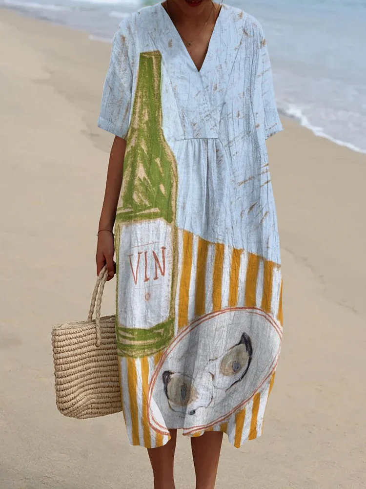 Women's Vintage Oyster Art Print Flowy Dress