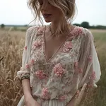 Bohemian Retro Style Plant Flower Design Women's Linen Short-sleeve Top - Image 2