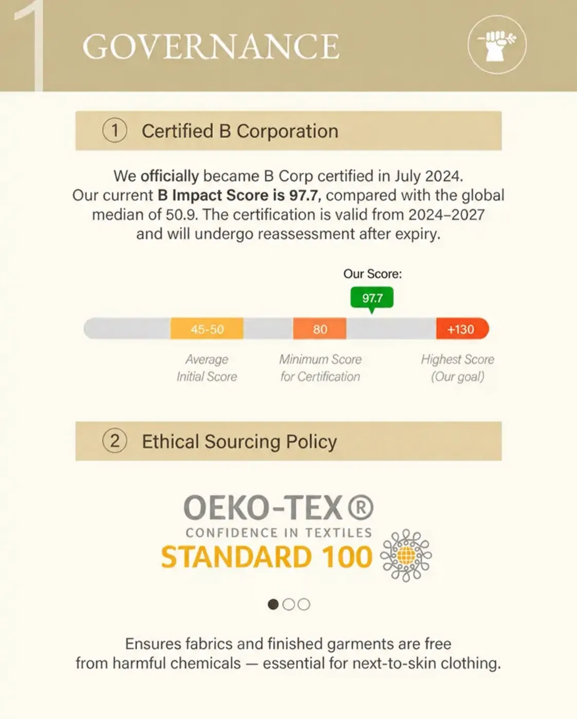 Certified B Corporation with a B Impact Score of 97.7 and OEKO-TEX Standard 100 certified fabric free from harmful chemicals