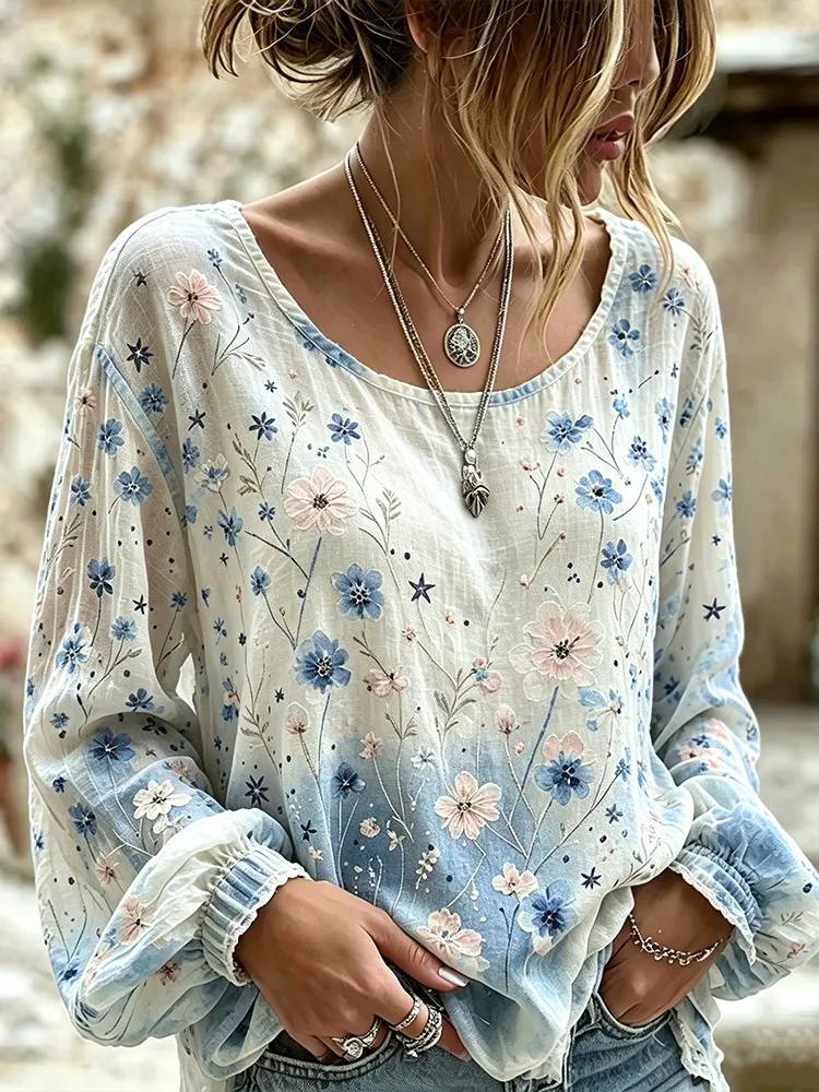 Comstylish Women's Vintage Washed Bohemian Gradient Blue And Pink Wildflower Print Linen Long-sleeved Top