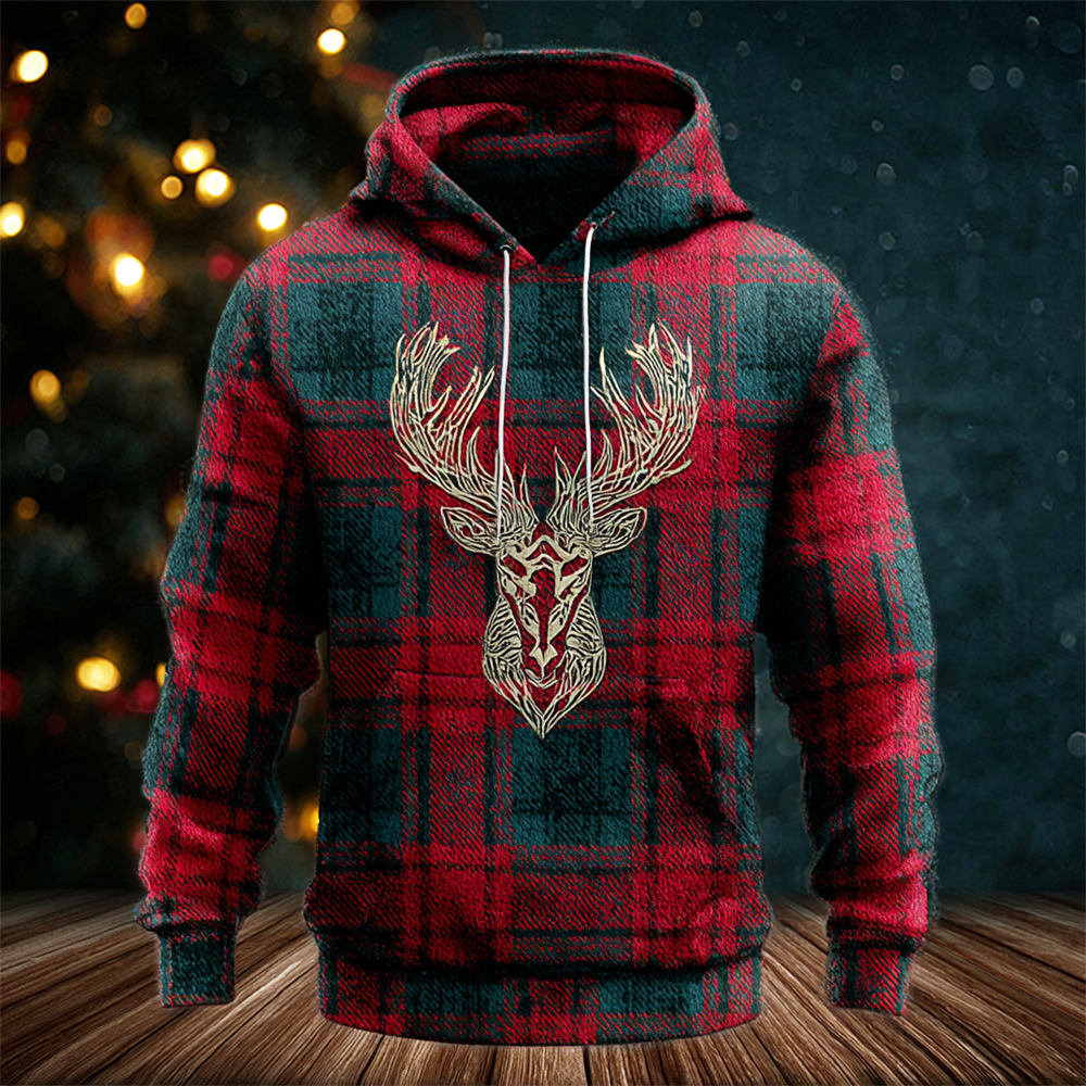 Christmas Elk Plaid Art Men's Knit Hooded Sweatshirt elevenforest