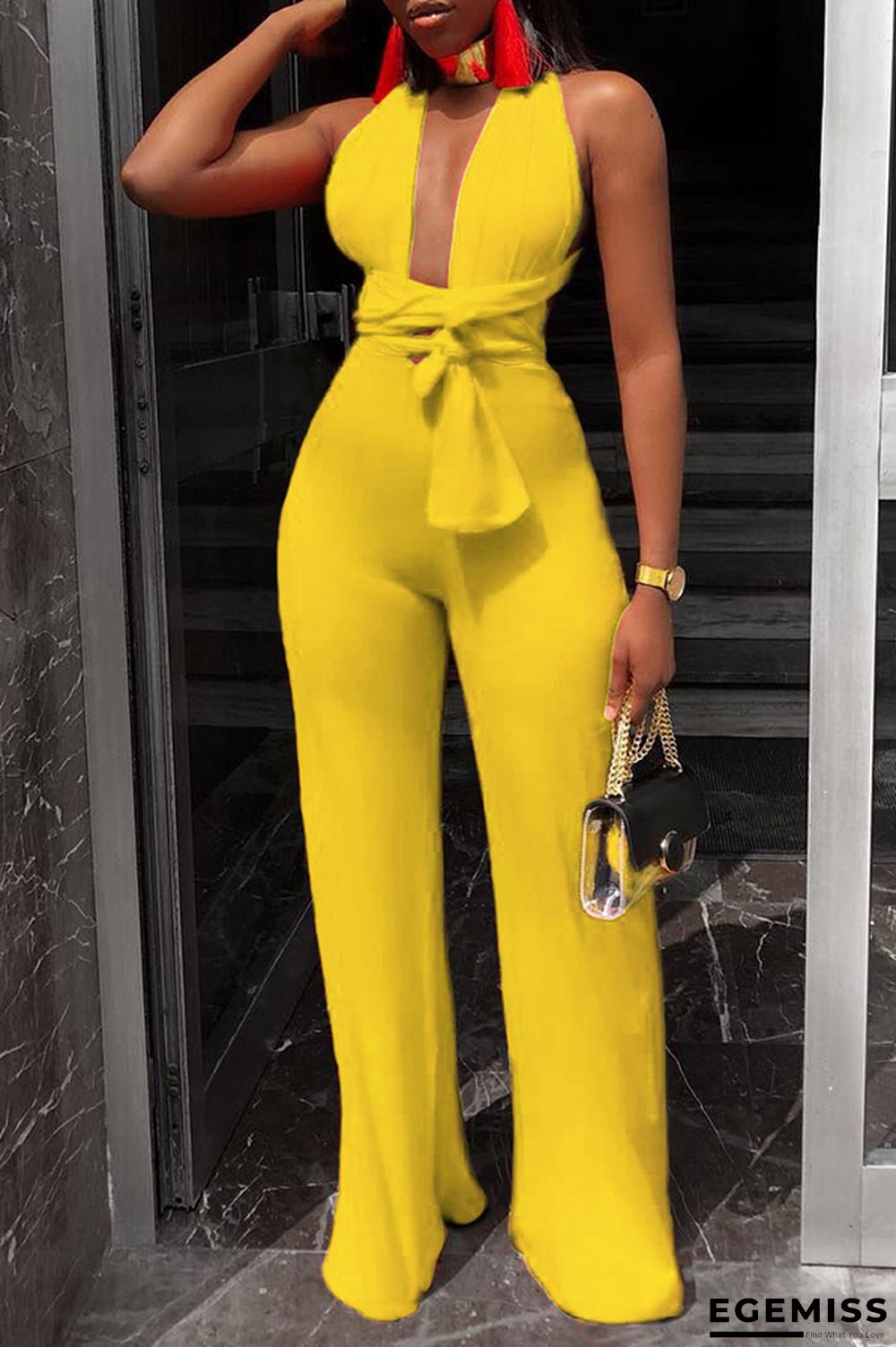 Yellow Sexy Deep V Neck One-piece Jumpsuits | EGEMISS