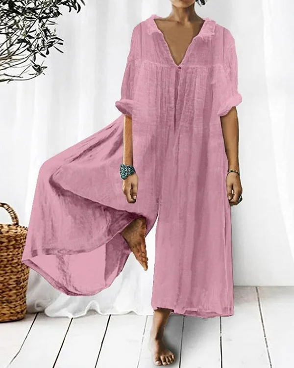 Casual Loose and Comfortable V-neck Mid-sleeved Jumpsuit