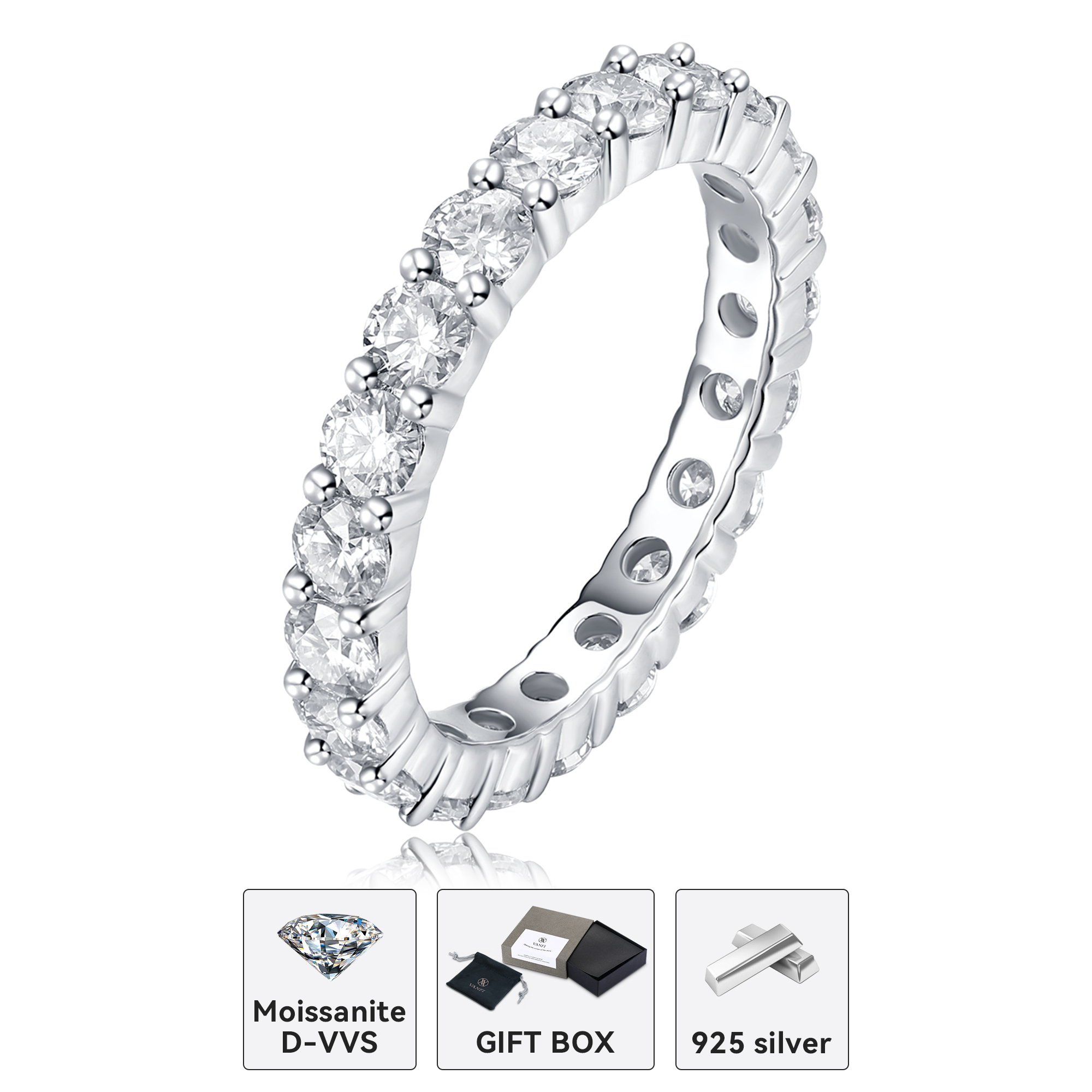  Moissanite 3mm D VVS 925 Sterling Silver Round Full Diamond Classic Simple Elegant Women's Ring Party High Jewelry
