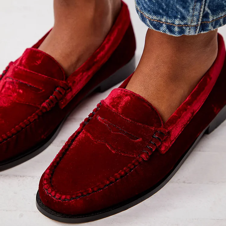 Classic Red Velvet Round Toe Flat Penny Loafers Women |FSJ Shoes