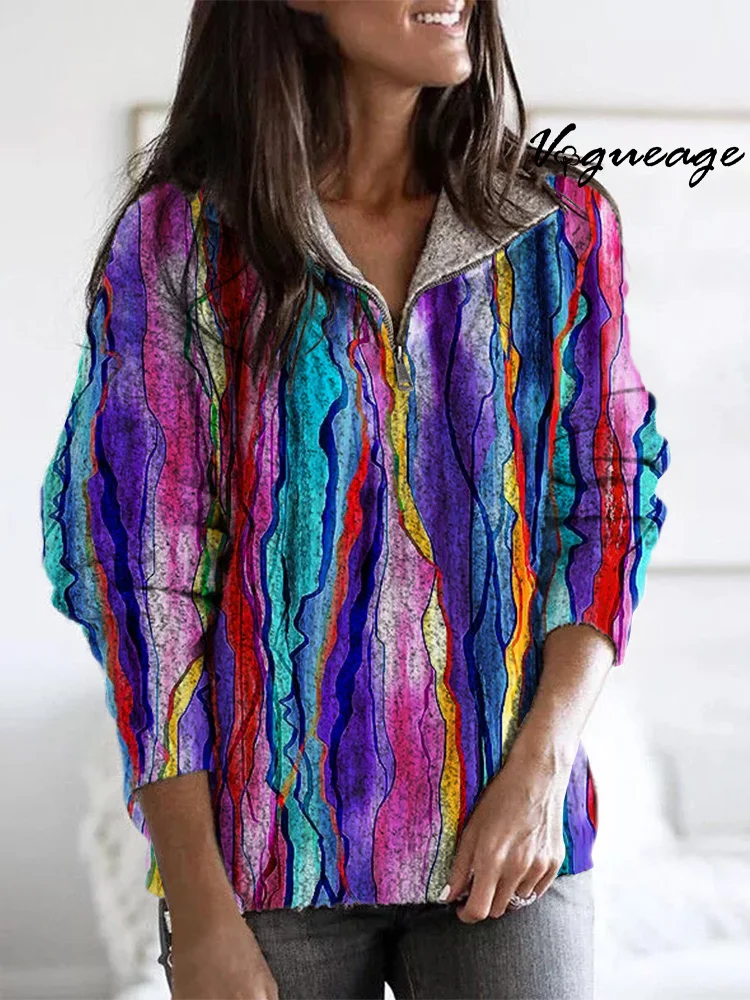 Dark Striped Ribbon Zippered Long-Sleeved Sweater