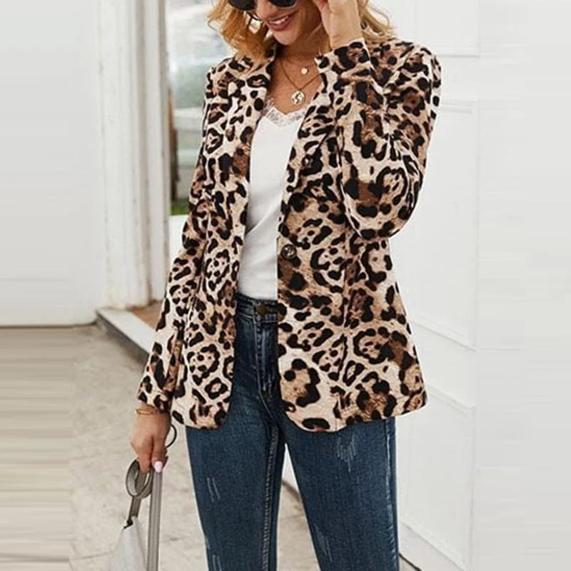Fashion Trend Women Lapel Leopard Print Long Sleeves Suit Jacket Elegant Fall Winter Office Lady Cardigan Coat Casual Streetwear