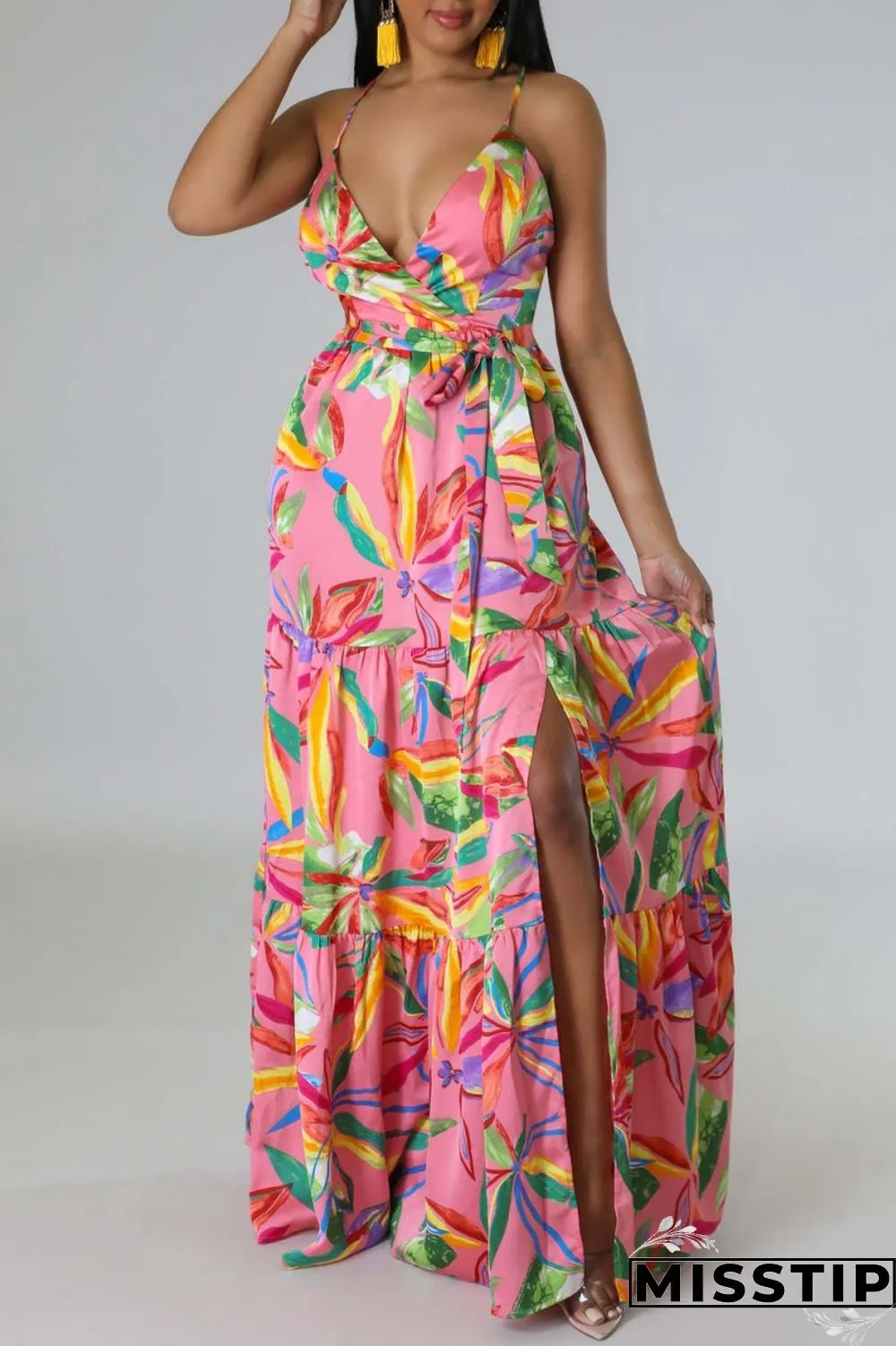 Multi-color Sexy Casual Print Backless Slit Spaghetti Strap Long Dress Dresses