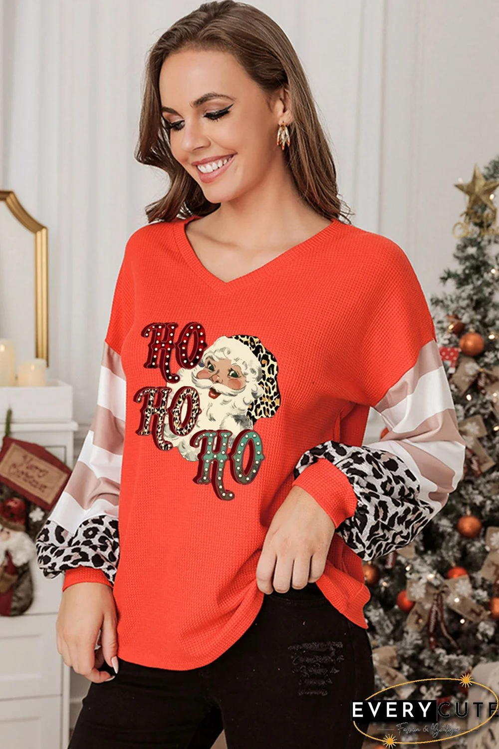 Leopard Letter Christmas Graphic Print Waffle Knit Shirt