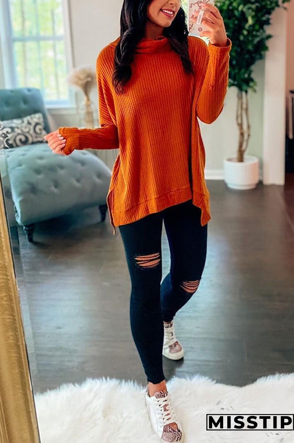 Cowl Neck Slit Sweater