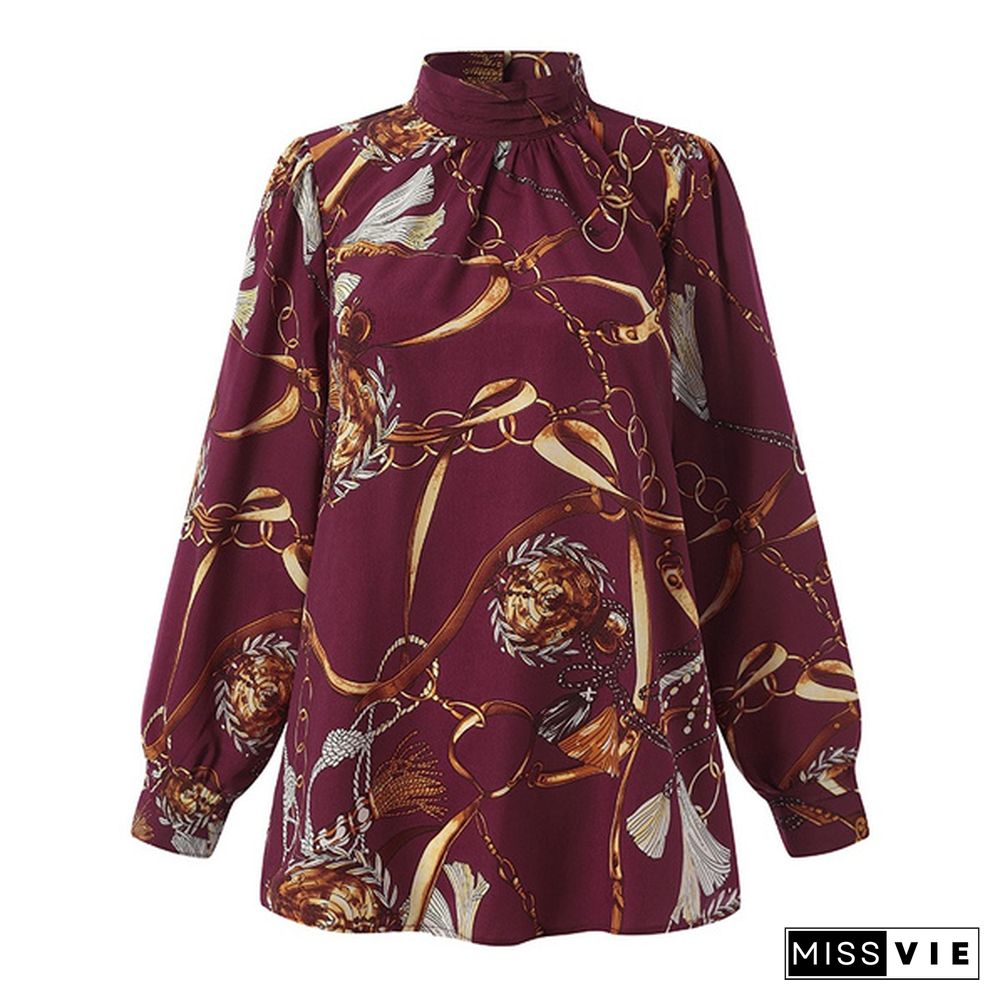 Women Long Sleeve High Collar Blouse Chain Printed Office Casual Elegant Shirt Ladies Tops Plus Size