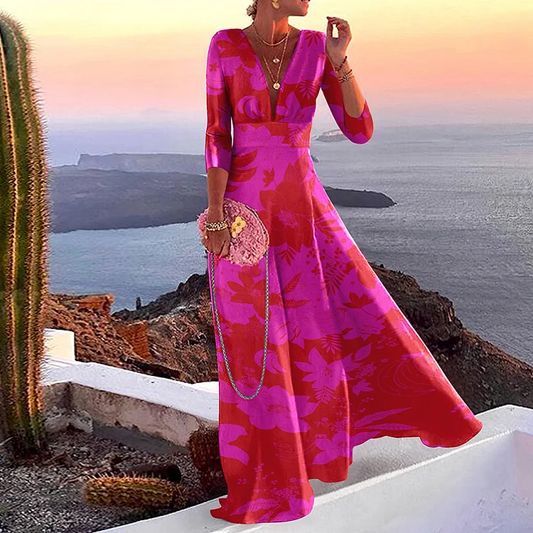 Elegant Contrast Print Long Sleeve Maxi Dress