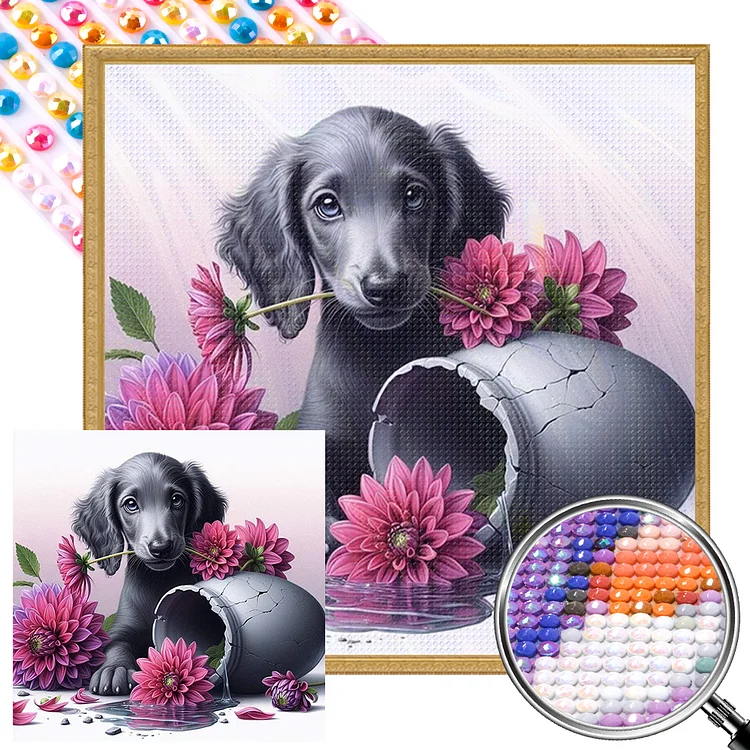 Dachshund Puppy With Flowers 40*40CM (Canvas) Full AB Round Drill Diamond Painting gbfke