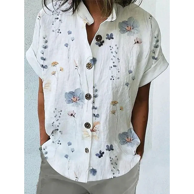 Women's Floral Button Print Short Sleeve Shirt