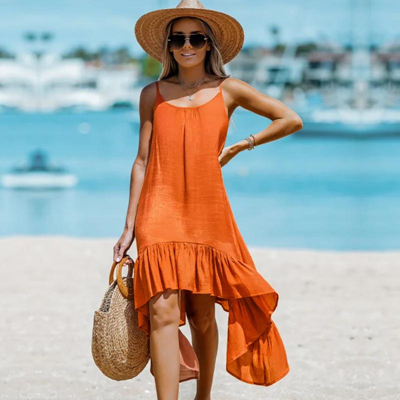 Holiday Style Solid Color Sling Irregular Skirt Casual Dress