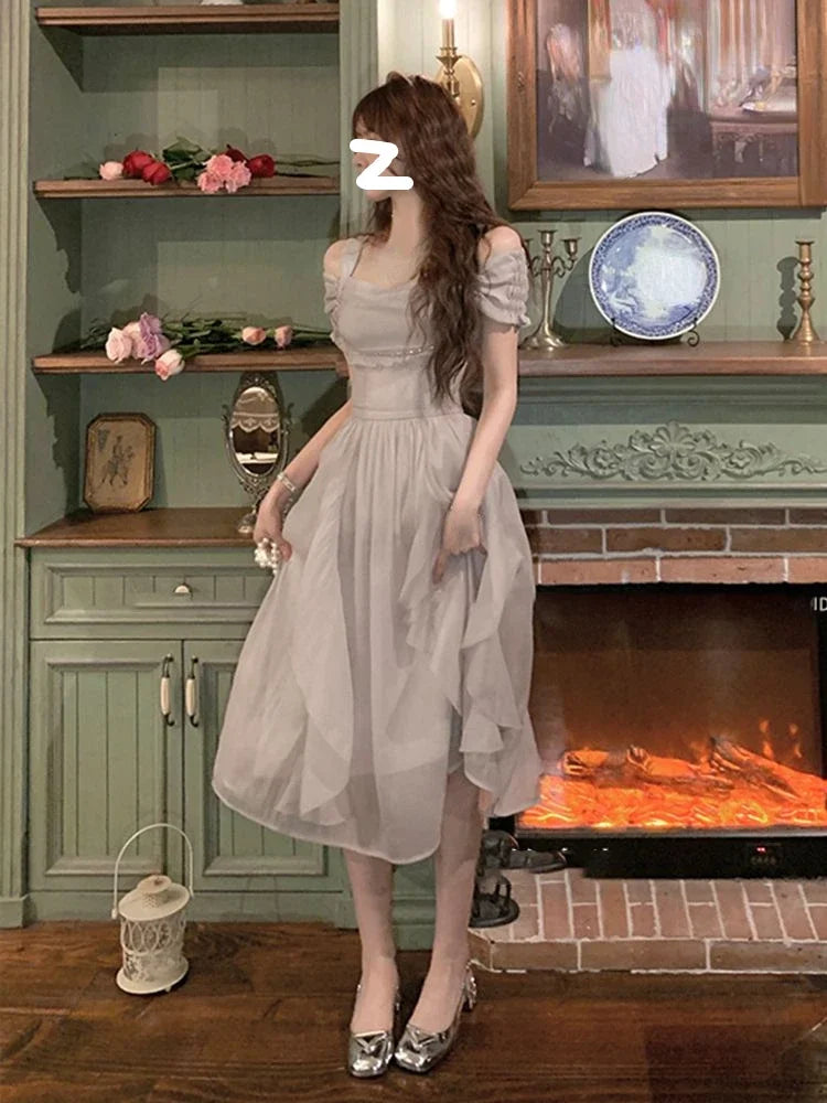 Aiertu French Elegant Fairy Midi Dress Office Lady One Piece Dress Korean Fashion 2024 Summer Pure Color Sweet Even Party Dress Woman Aiertu
