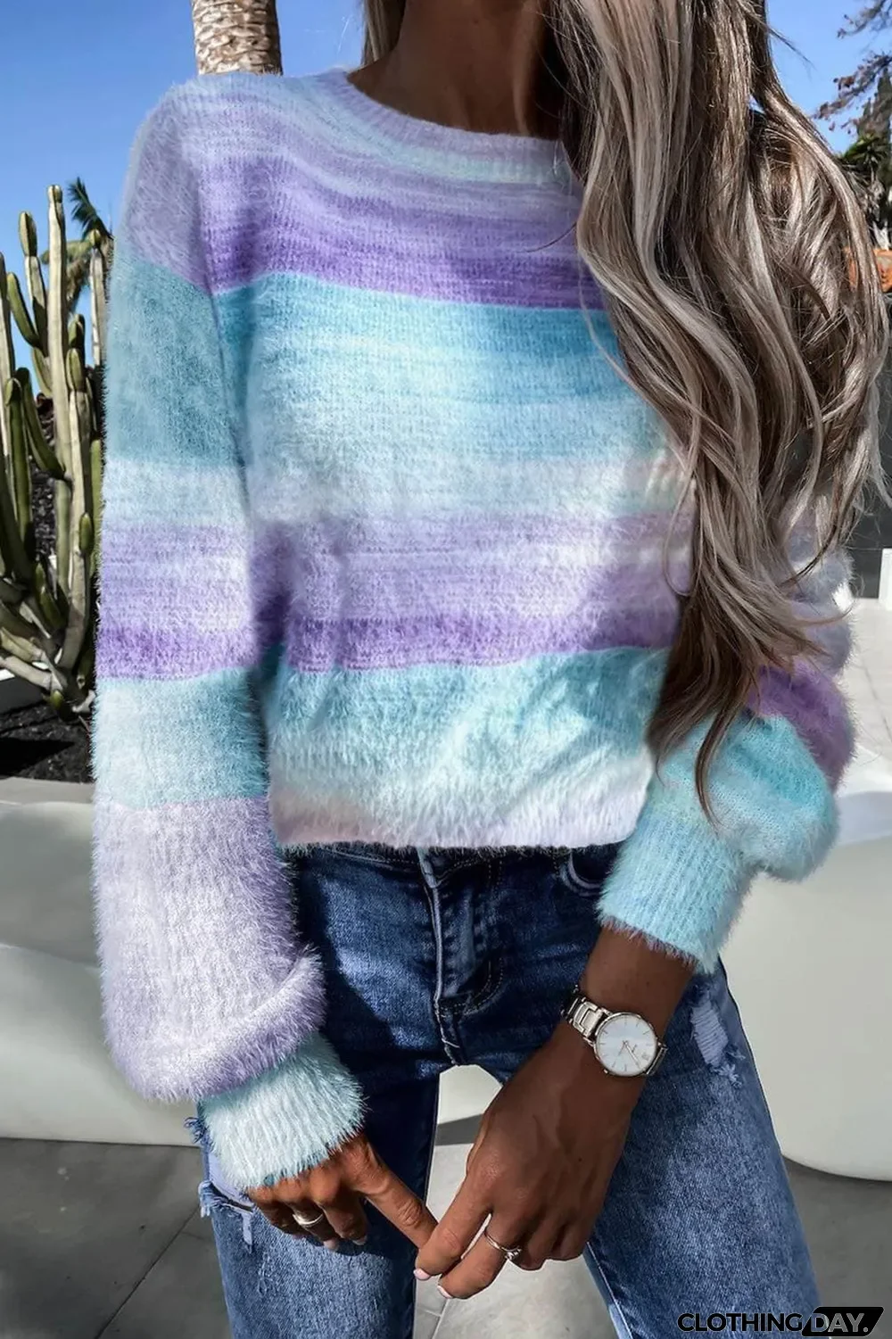 Sky Blue Colorblock Tie-dye Mohair Sweater