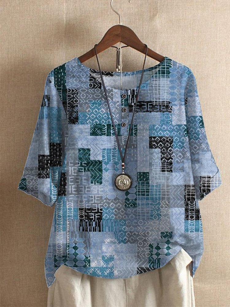 Geometric Print O neck Half Sleeve Loose Vintage Button Women T shirt P1856180