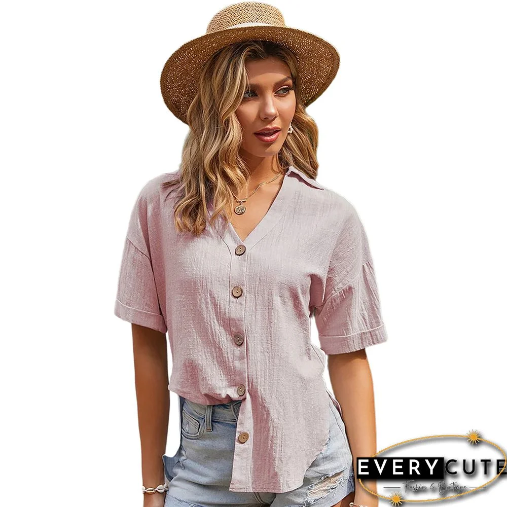 Pink Side Split Button Short Sleeve Shirt