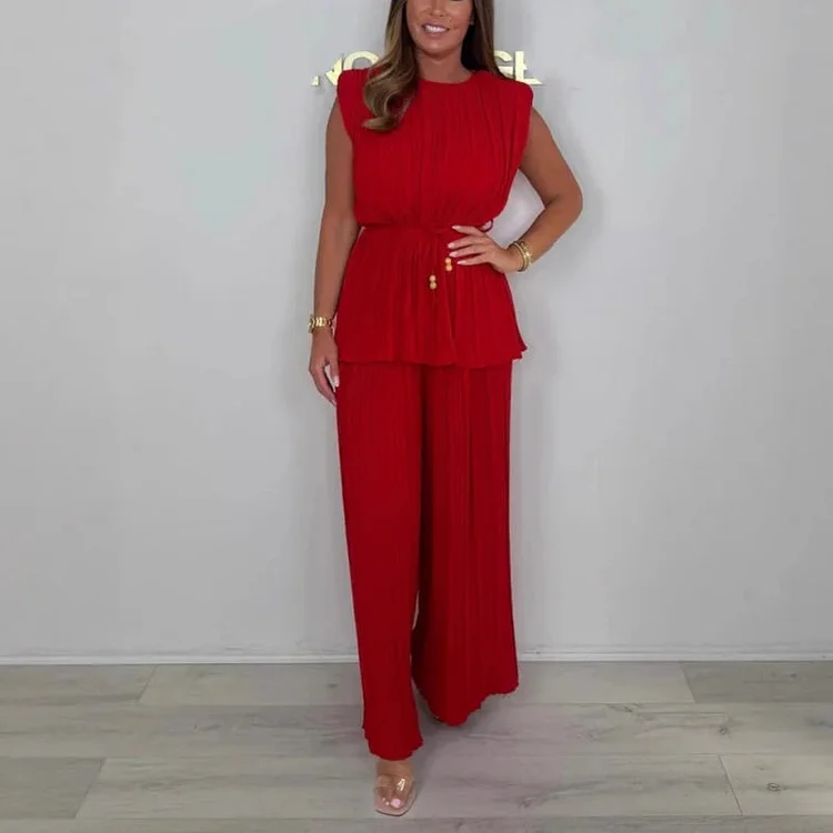 ⏰Women's Sleeveless Belted Top & Long Pants Set 