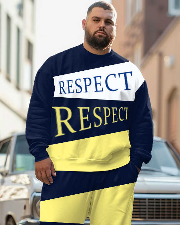 Men's Plus Size Perspect Color-block Letter Sweatshirt Two-piece Set
