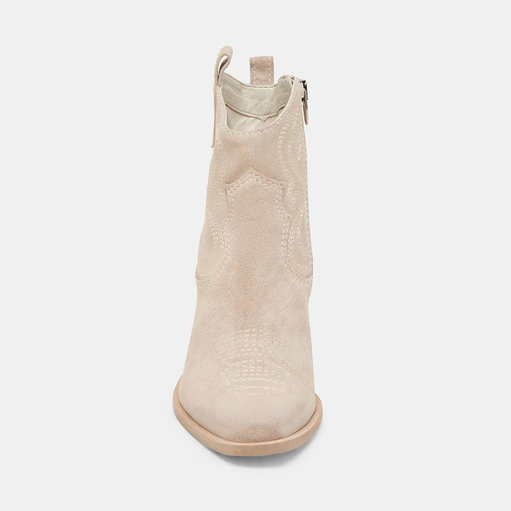 Beige Square Toe Chunky Heel Side Zipper Stitching Cowgirl Boots