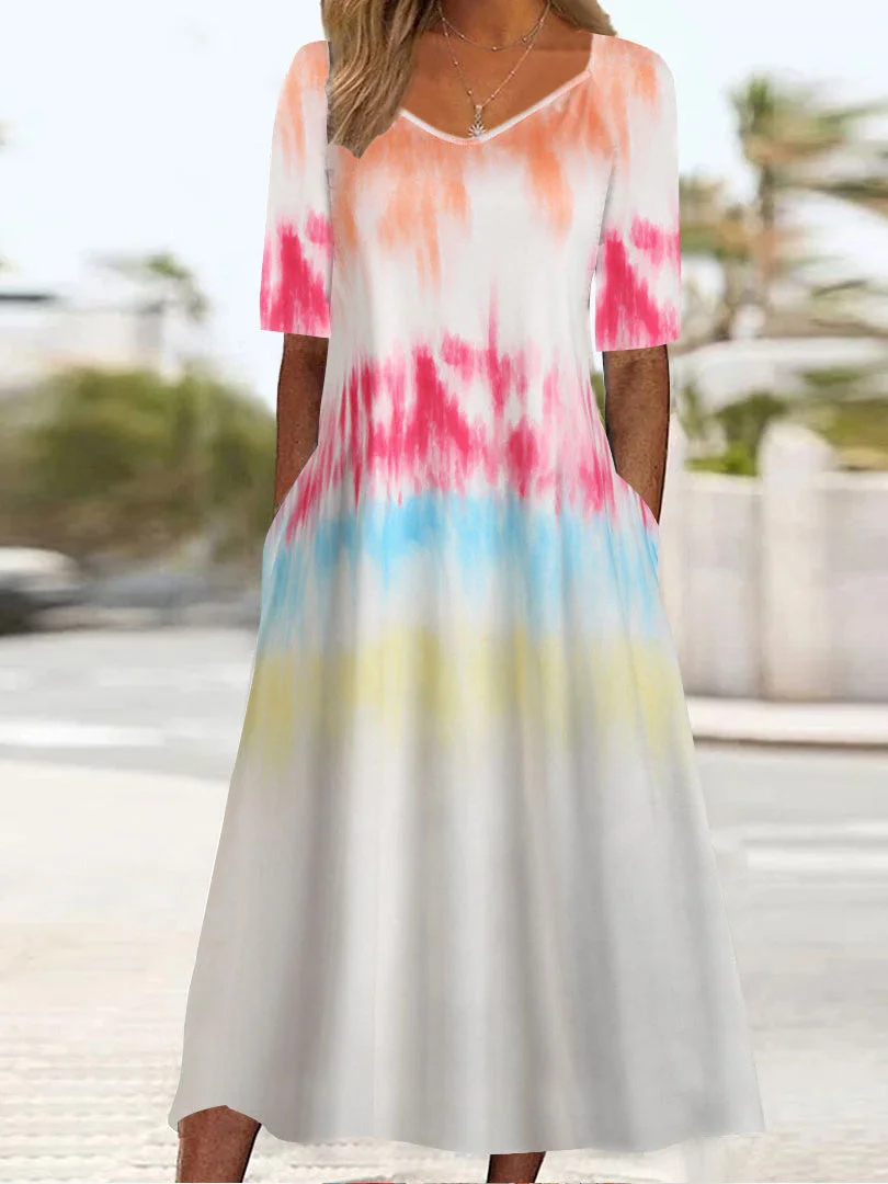 Women's Colorblock Printed Short Sleeve Scoop Neck Midi Dress