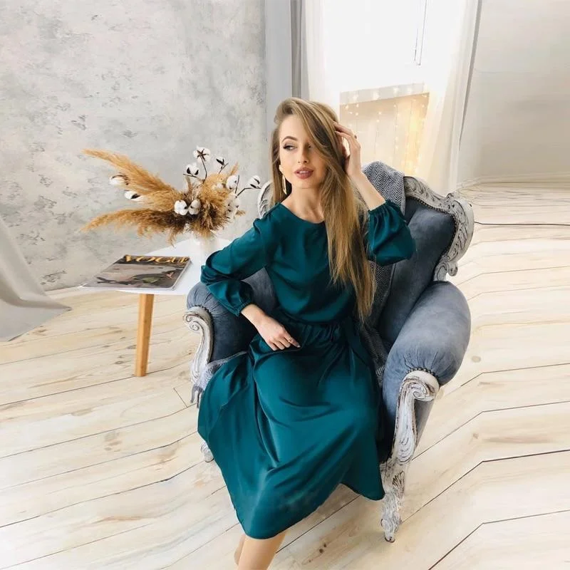 Women Solid Satin Casual Loose Dress O Neck Lantern Sleeve Sashes High Waist Elegant Mid Dress 2021 Spring New Women Party Dress