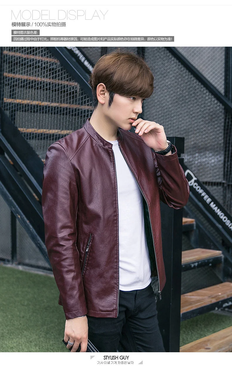 Faux Leather Black Jackets Coat Men Slim Fit Mens Windbreaker Jackets Zipper Pocket Stand Collar British Vintage Outerwear