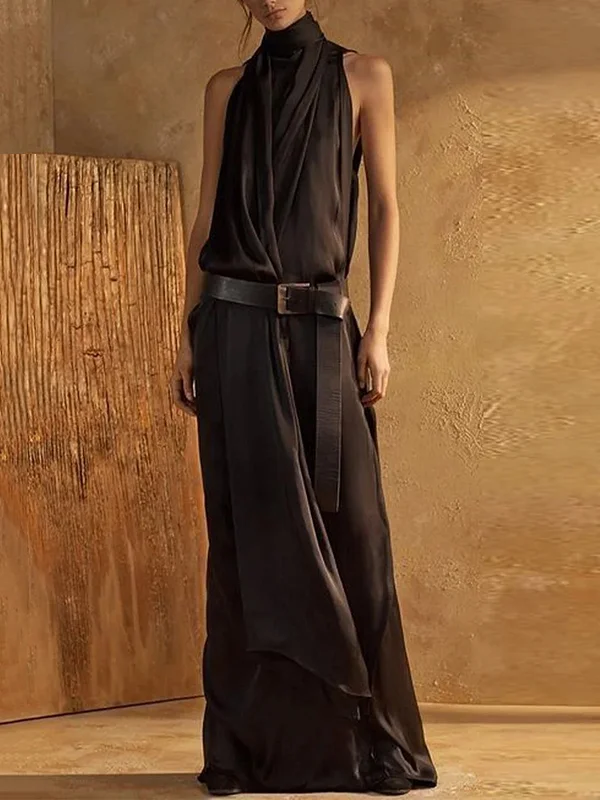 Split-Joint Solid Color Belt Buckle Sleeveless Loose High Neck Maxi Dresses
