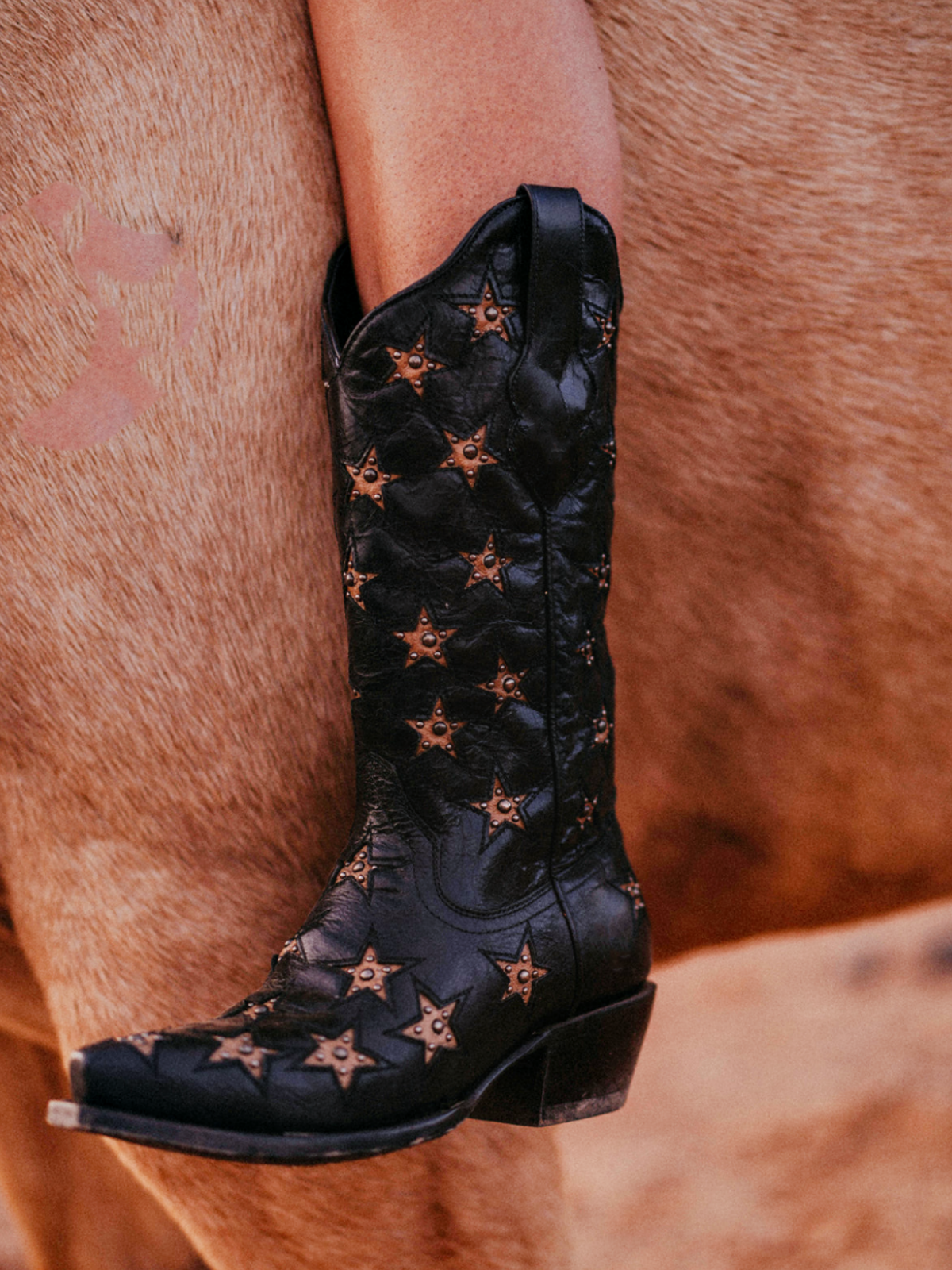 Taafo Black Studded Snip-Toe Wide Mid Calf Western Boots Cowgirl Tall Boots With Gold Star Inlay