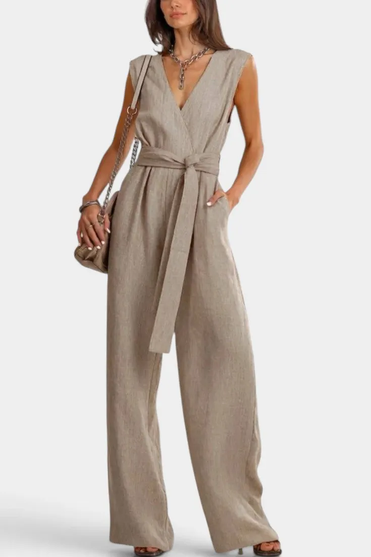 V-Neck Wrap Jumpsuit with Self-Tie Belt