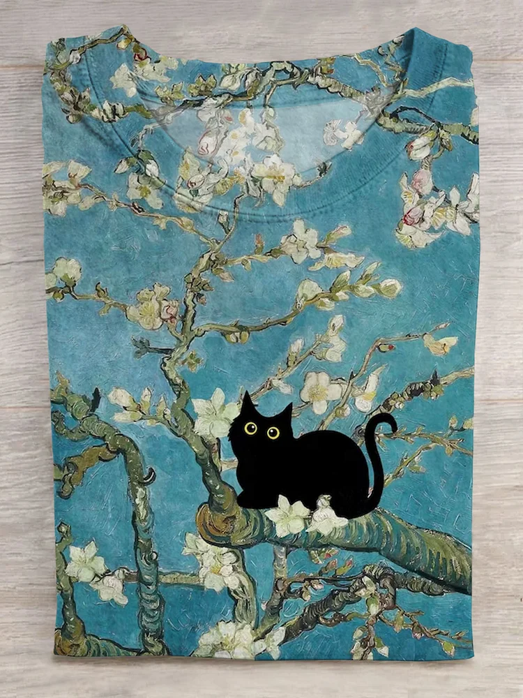 Funny Black Cat Flower Art Print Design T-shirt