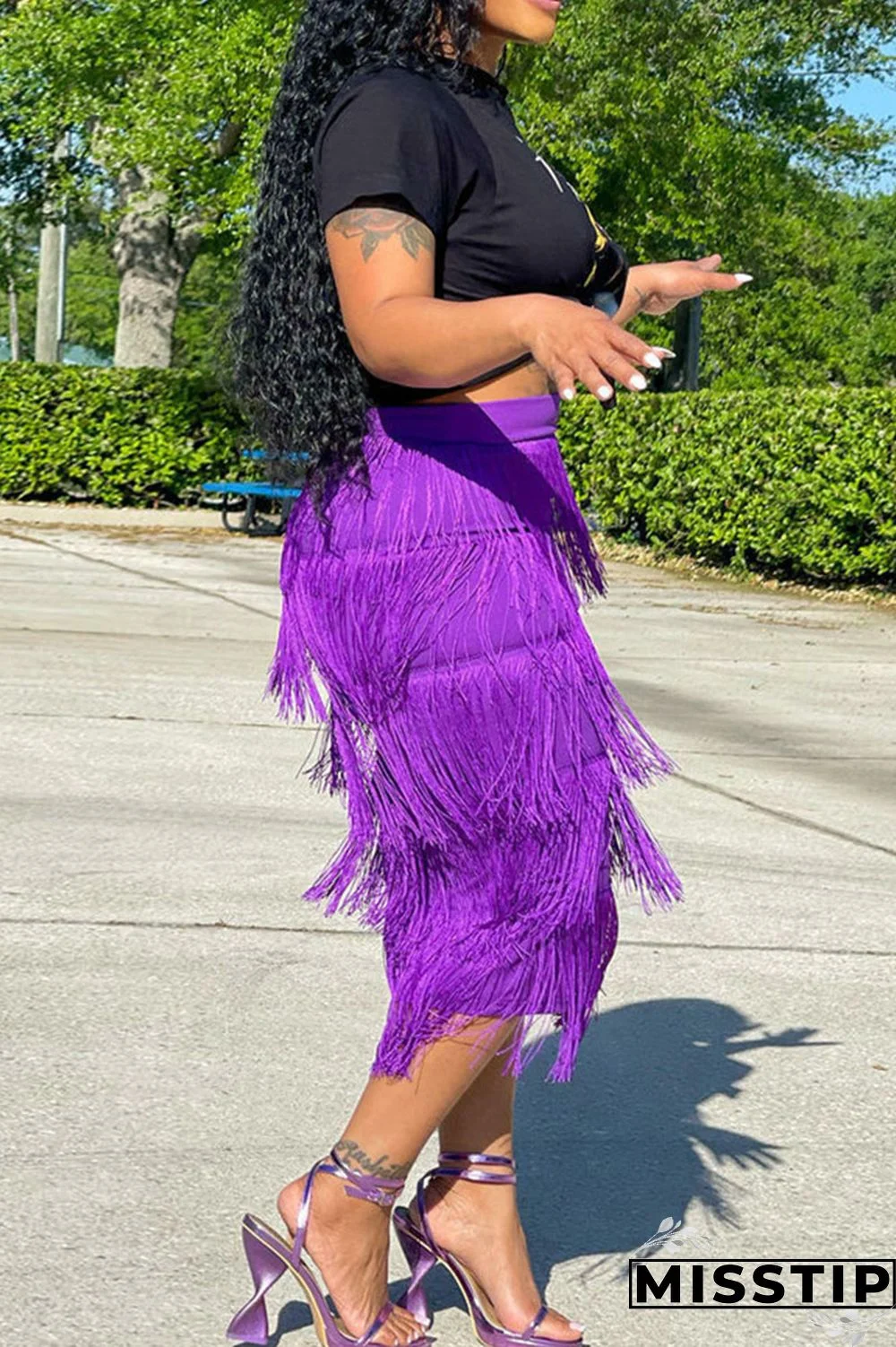 Black Casual Print Tassel Patchwork O Neck Short Sleeve Two Pieces