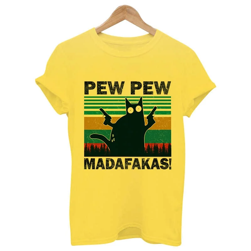 Murderous Black Cat With Gun Funny White T Shirt Pew Pew Madafakas Print Oversized T-shirt Women Short Sleeve Top Female Tshirt