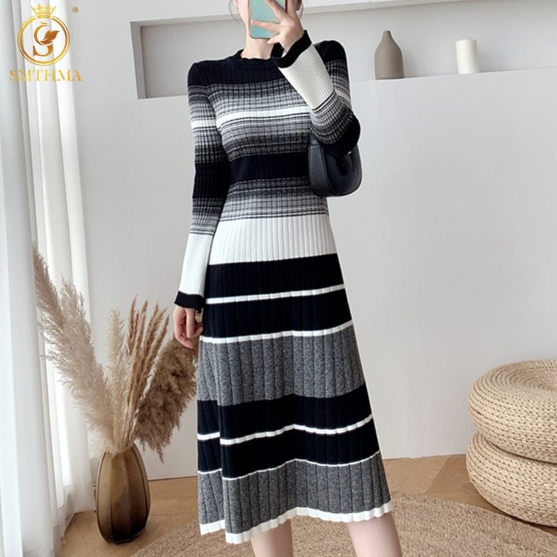 SMTHMA Women 2022 New Winter Autumn Stripe Knit Sweater Dress Korean Fashion Flare Long Sleeve Midi Dresses Vestidos