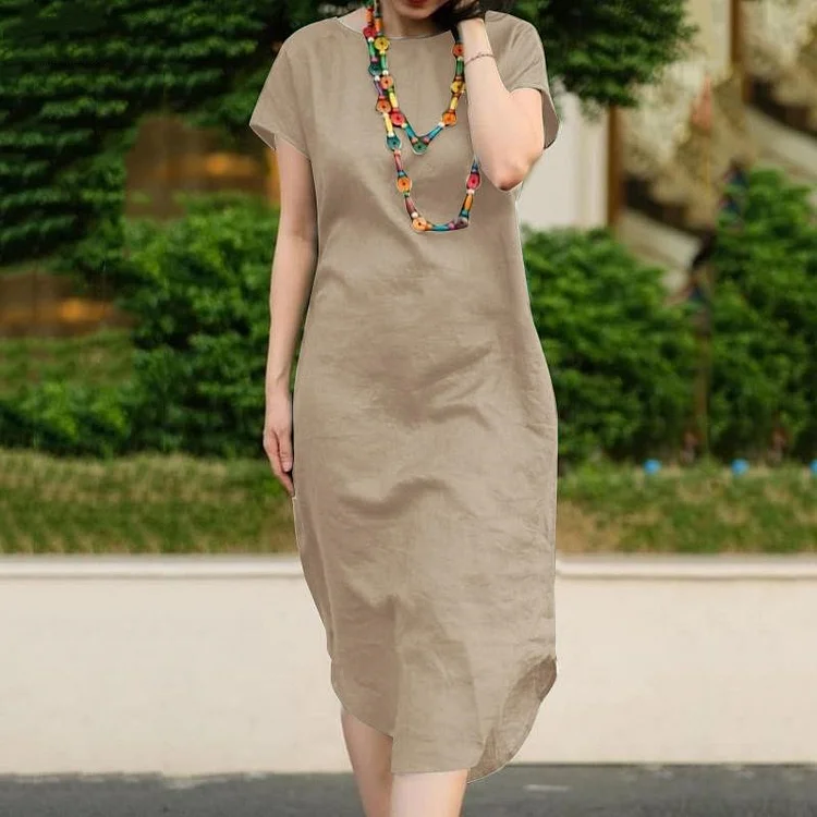 Solid Vintage Comfortable Casual Short Sleeve Midi Dress