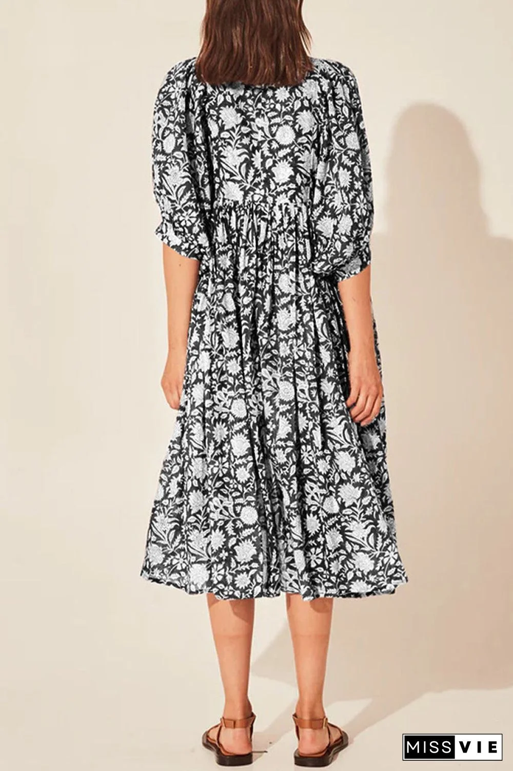 College Vacation Dress Floral Patchwork Frenulum Asymmetrical Collar Beach Dress